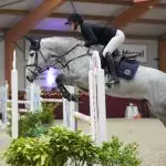 Paardensprong met Florian Horsefood Ruiter op een paard springt over een hindernis, Florian Horsefood Powered by Nature.