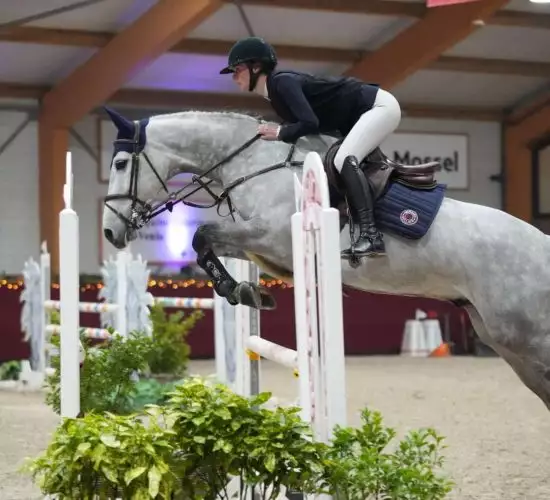 Paardensprong met Florian Horsefood Ruiter op een paard springt over een hindernis, Florian Horsefood Powered by Nature.