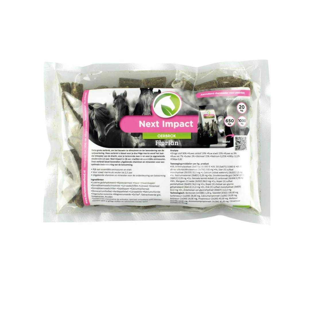 Florian Horsefood Oerbrok sample zakje, gezond en natuurlijk paardenvoer.