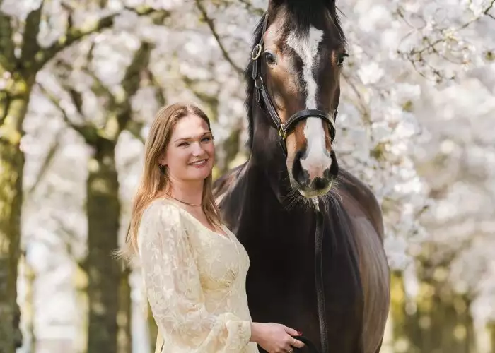 Woman with horse under flowering trees, Florian Horsefood.